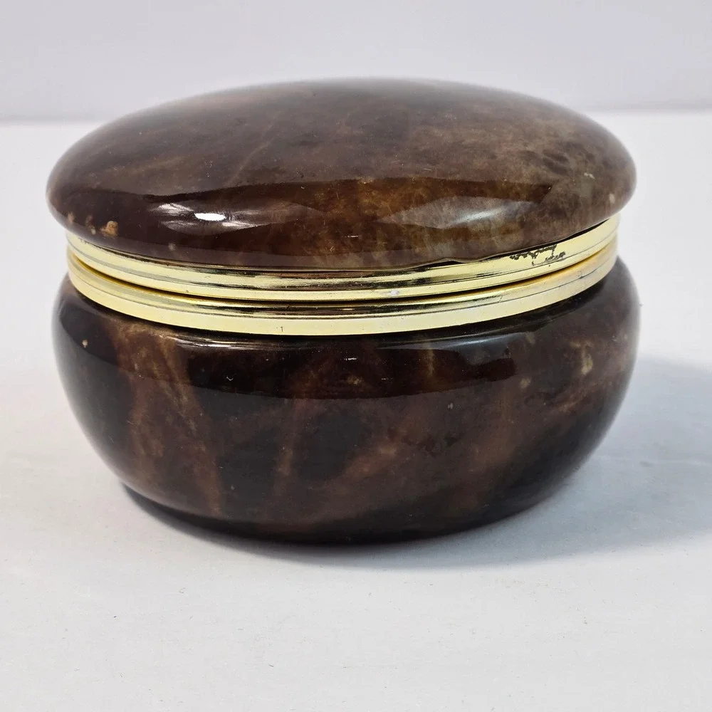 Genuine Alabaster Trinket Box Hand Carved Italy Brown Marbled Stone Jewelry Box